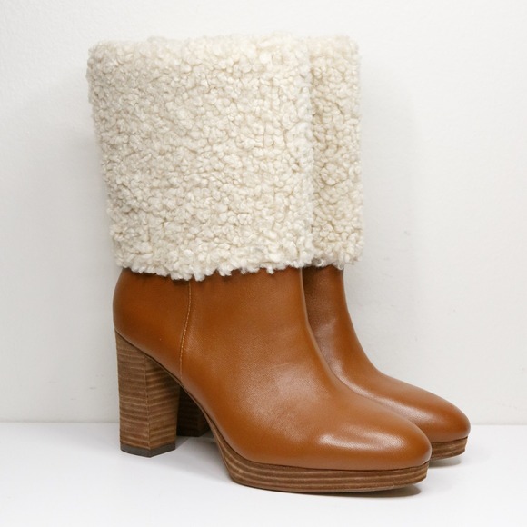 CHARLES DAVID Nella Sherpa Cuffed Mid Calf Boots Cognac Leather Womens Sz 6.5 - Picture 1 of 7